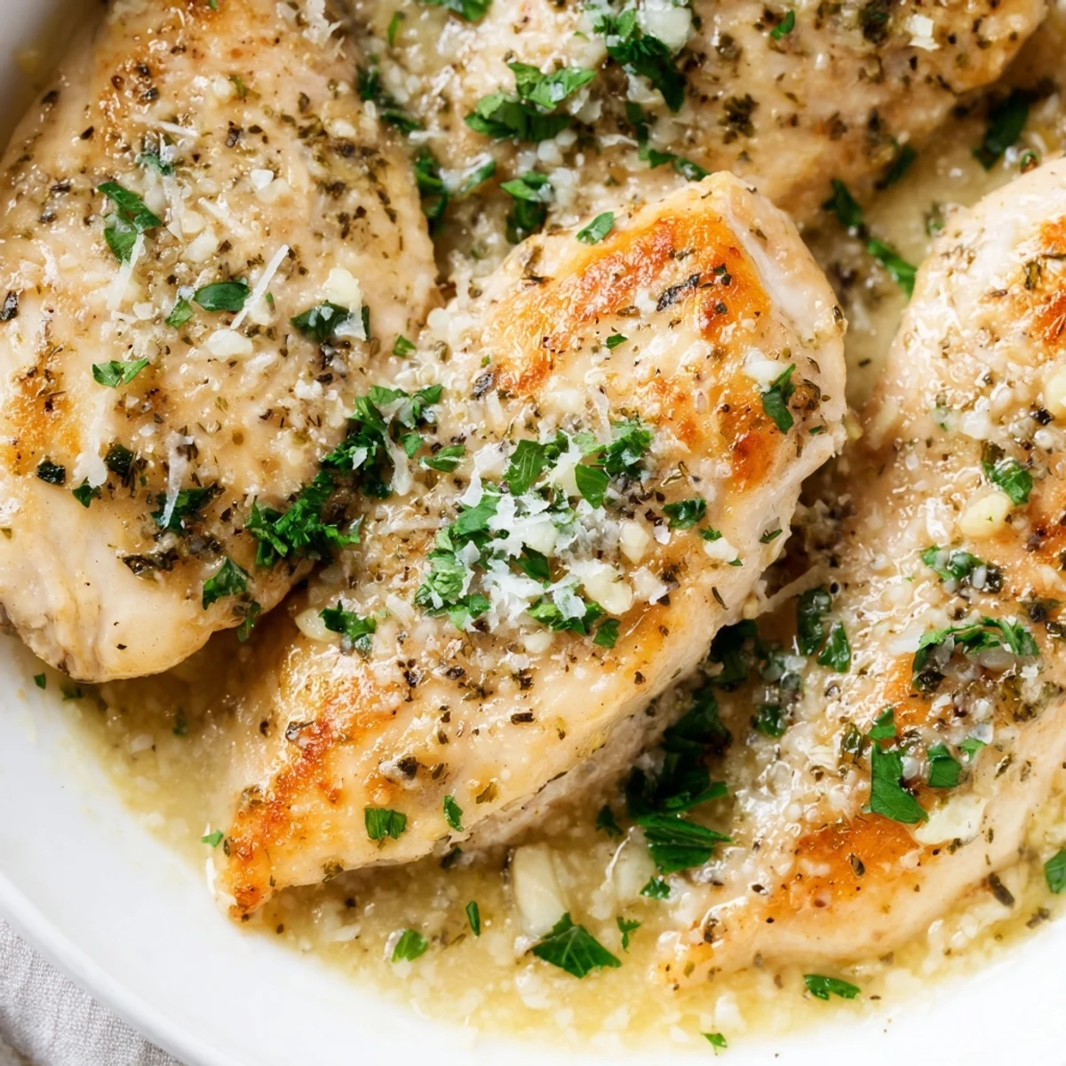 Juicy creamy garlic chicken breasts topped with herbs, ready for a cozy weeknight family dinner.