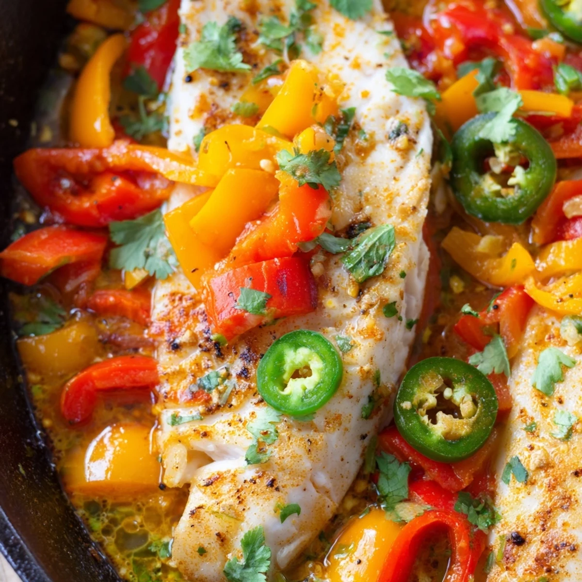 Golden tilapia fillets nestled in spicy roasted pepper skillet with vibrant red and yellow peppers