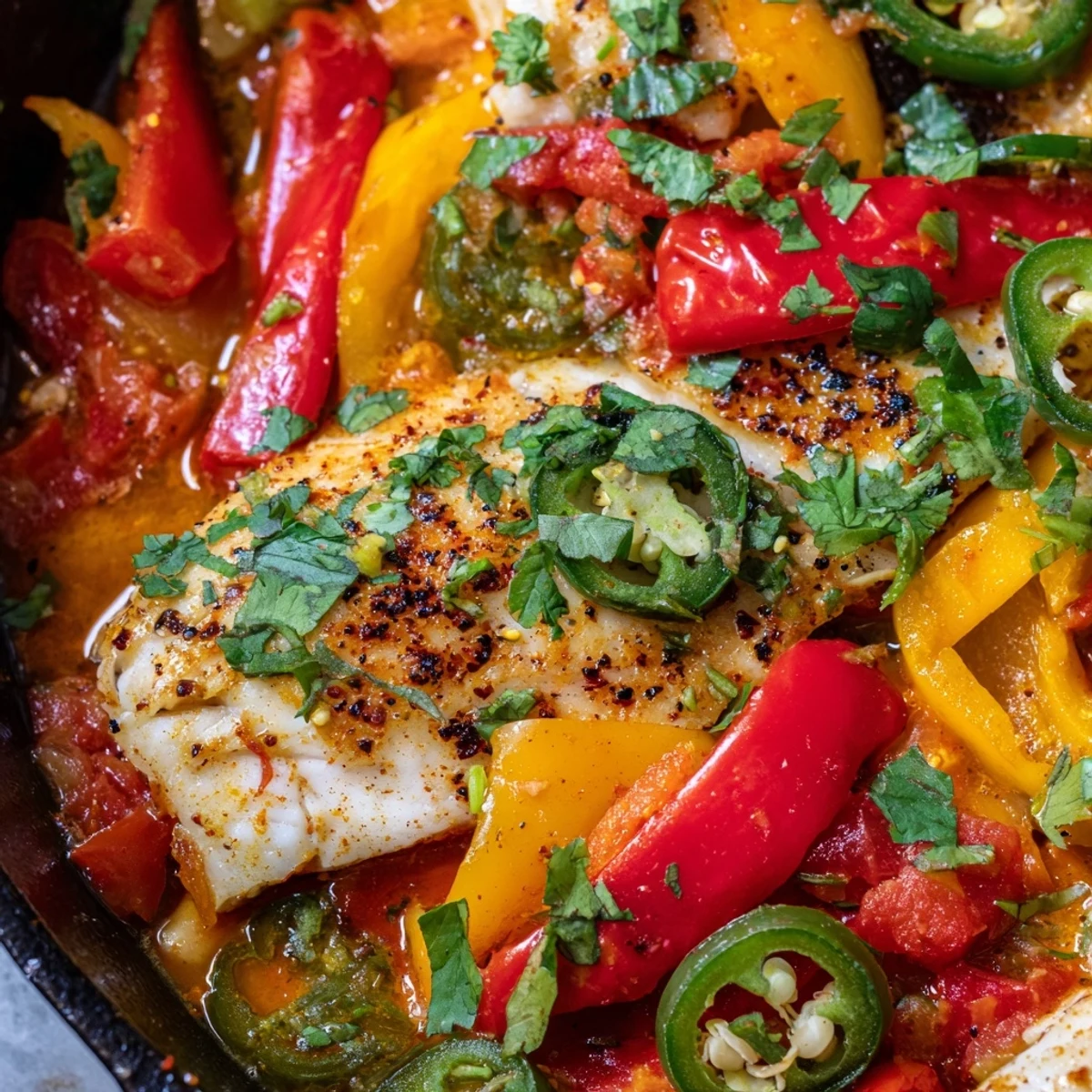 Spicy roasted pepper tilapia skillet topped with fresh cilantro and drizzled with lime juice