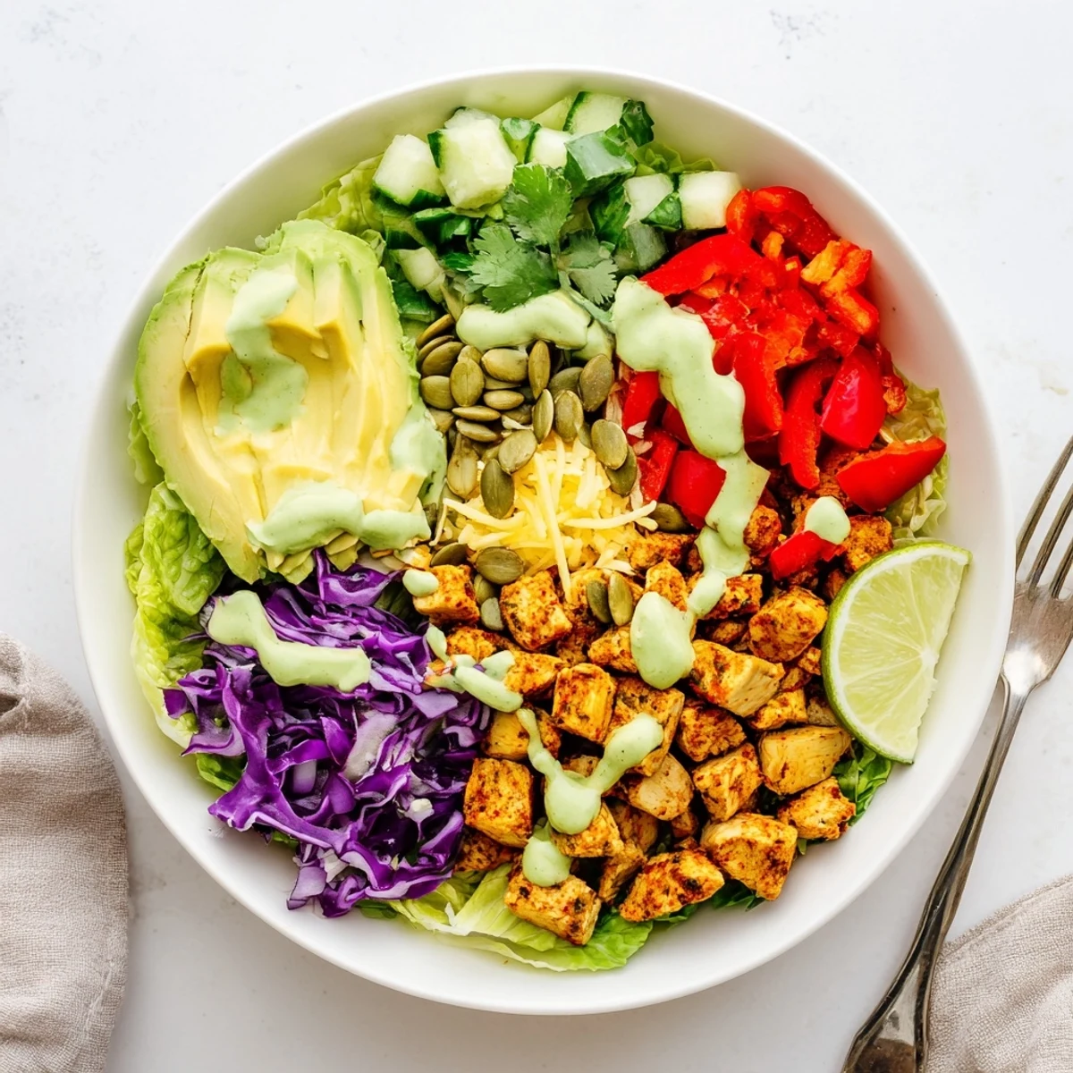 Colorful keto bowls loaded with fresh veggies, seasoned chicken, and creamy avocado dressing