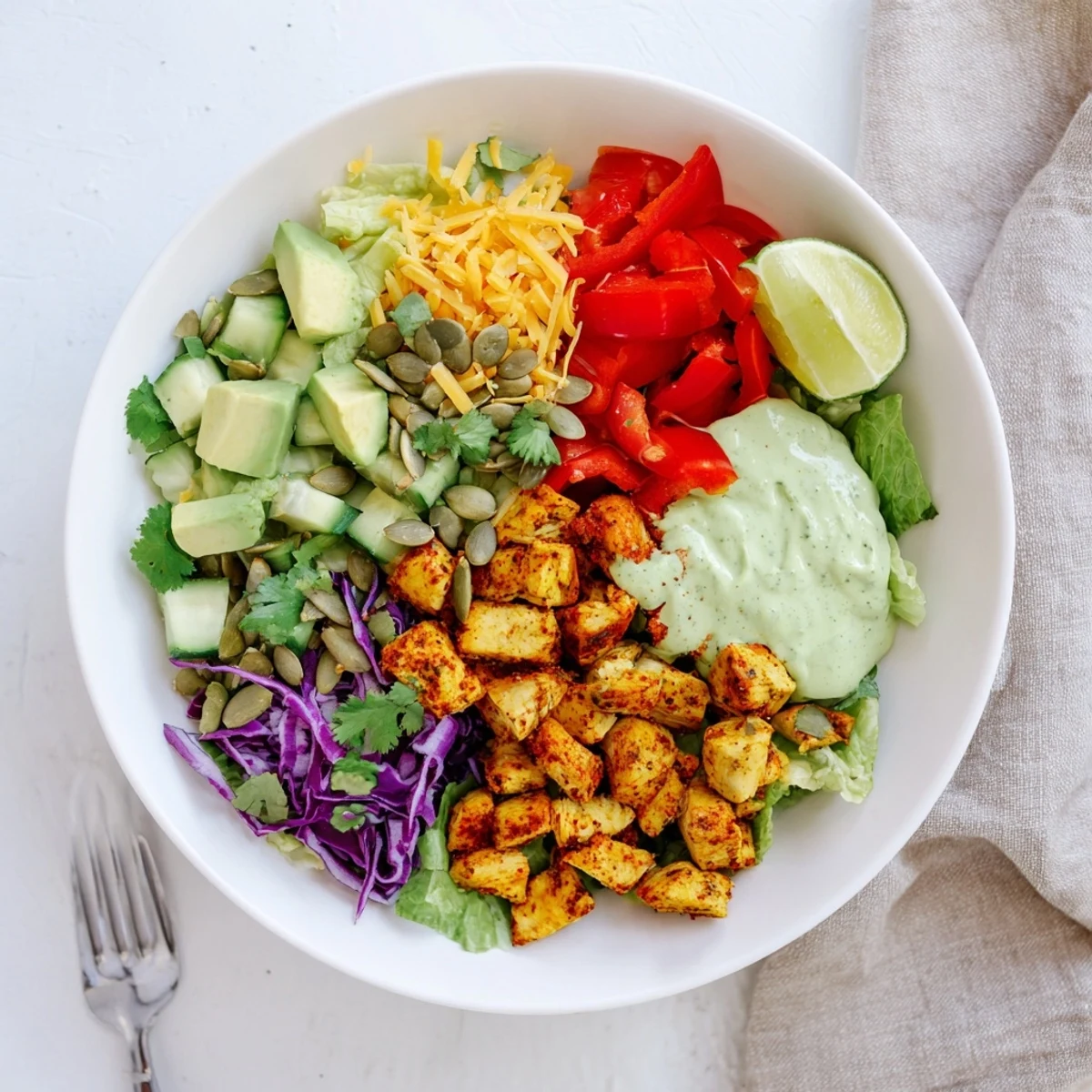Keto bowls featuring crisp lettuce, grilled chicken, and rich green avocado dressing drizzle