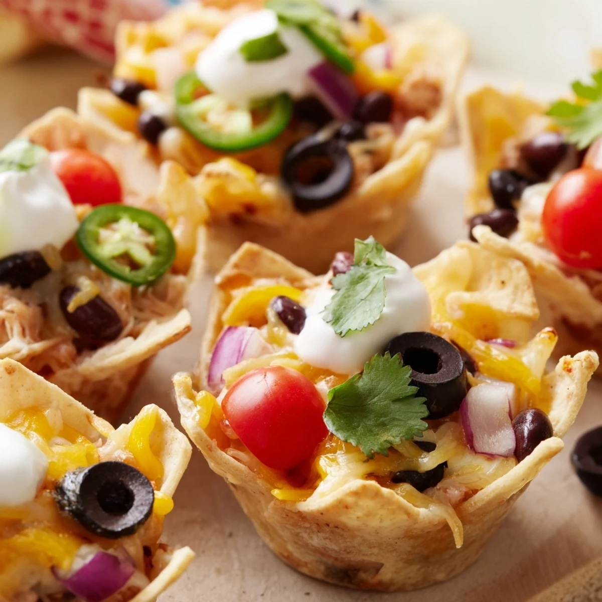 Golden cheesy nacho cups bubbling with melted cheddar and colorful fresh toppings