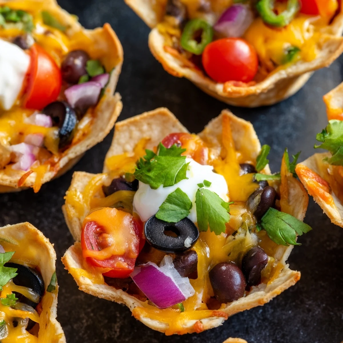 Crispy tortilla cups filled with gooey melted cheese and zesty black bean toppings