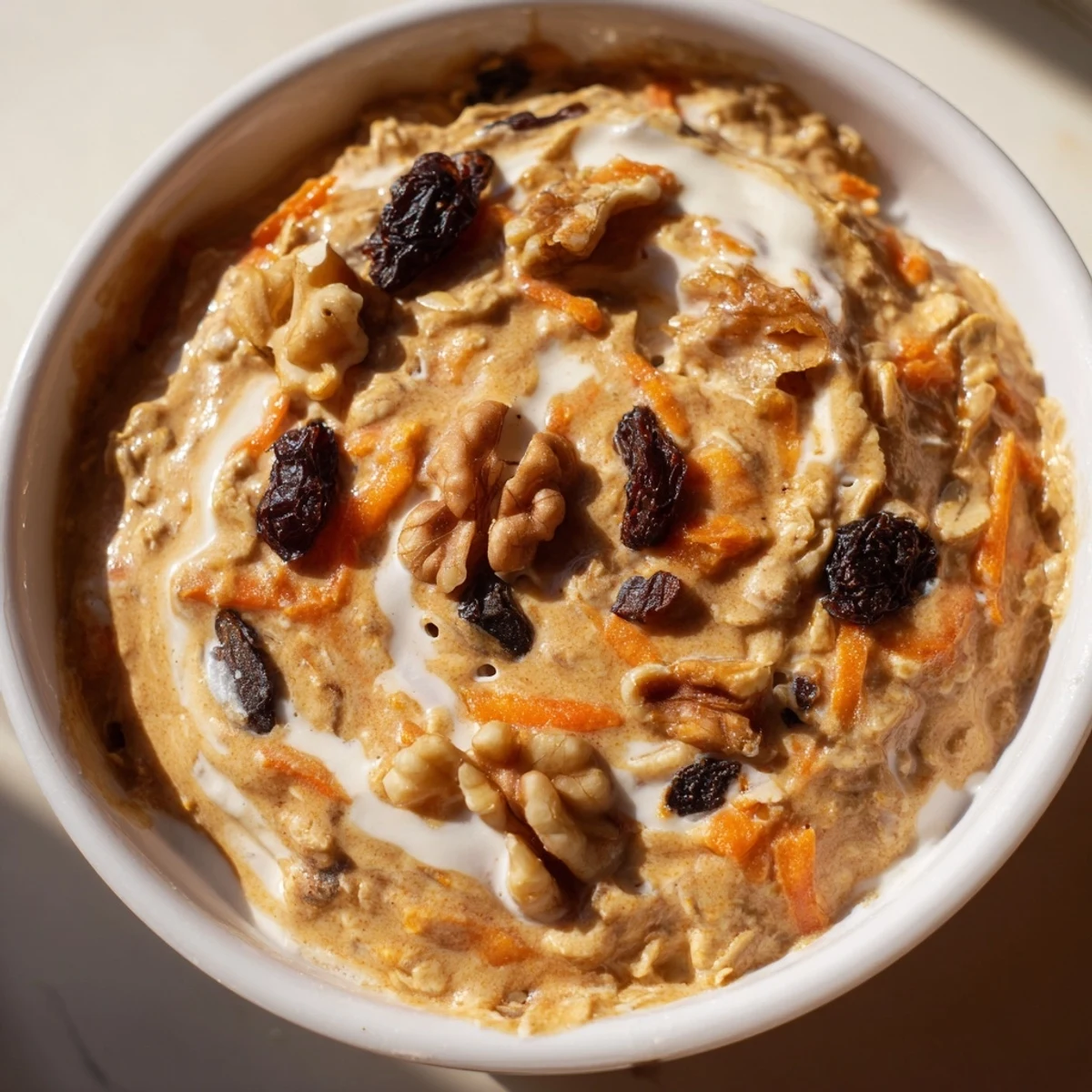 Creamy carrot cake overnight oats in a glass jar topped with chopped walnuts and cinnamon