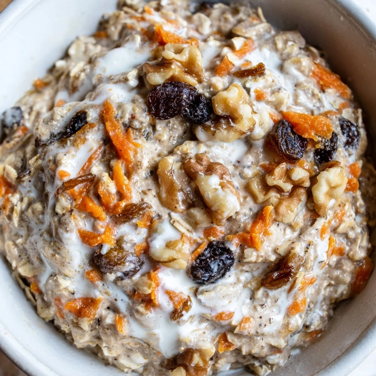 Carrot cake overnight oats with grated carrots raisins and a sprinkle of warm spices