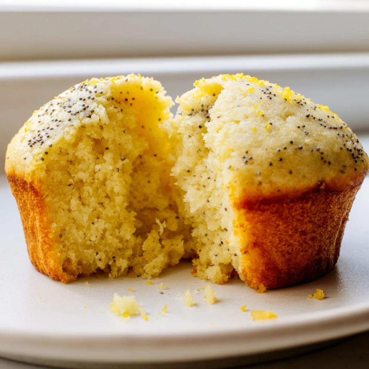 Moist lemon poppy seed muffins flecked with zest arranged on a rustic white serving plate.