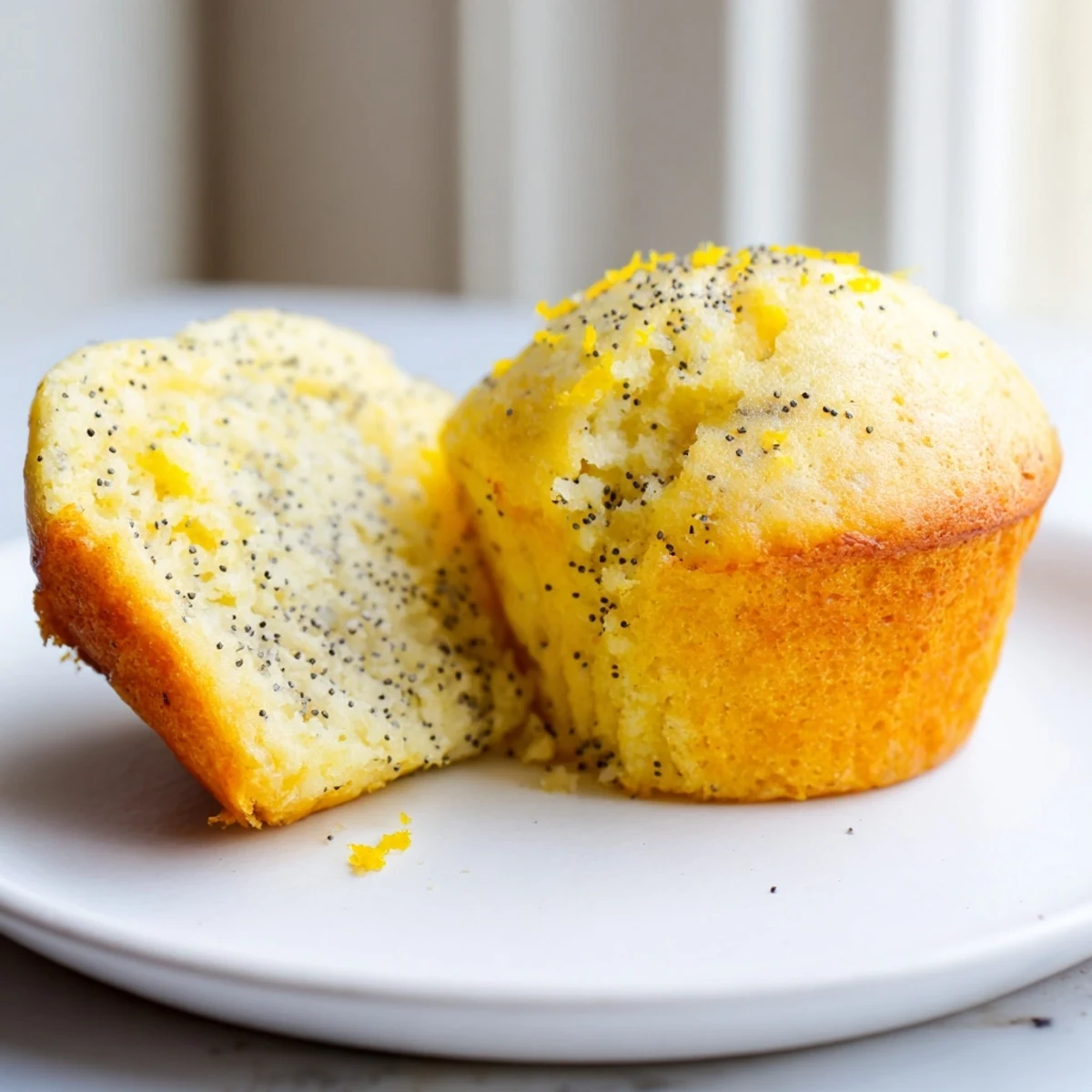 Golden lemon poppy seed muffins with domed tops fresh from the oven on a cooling rack.