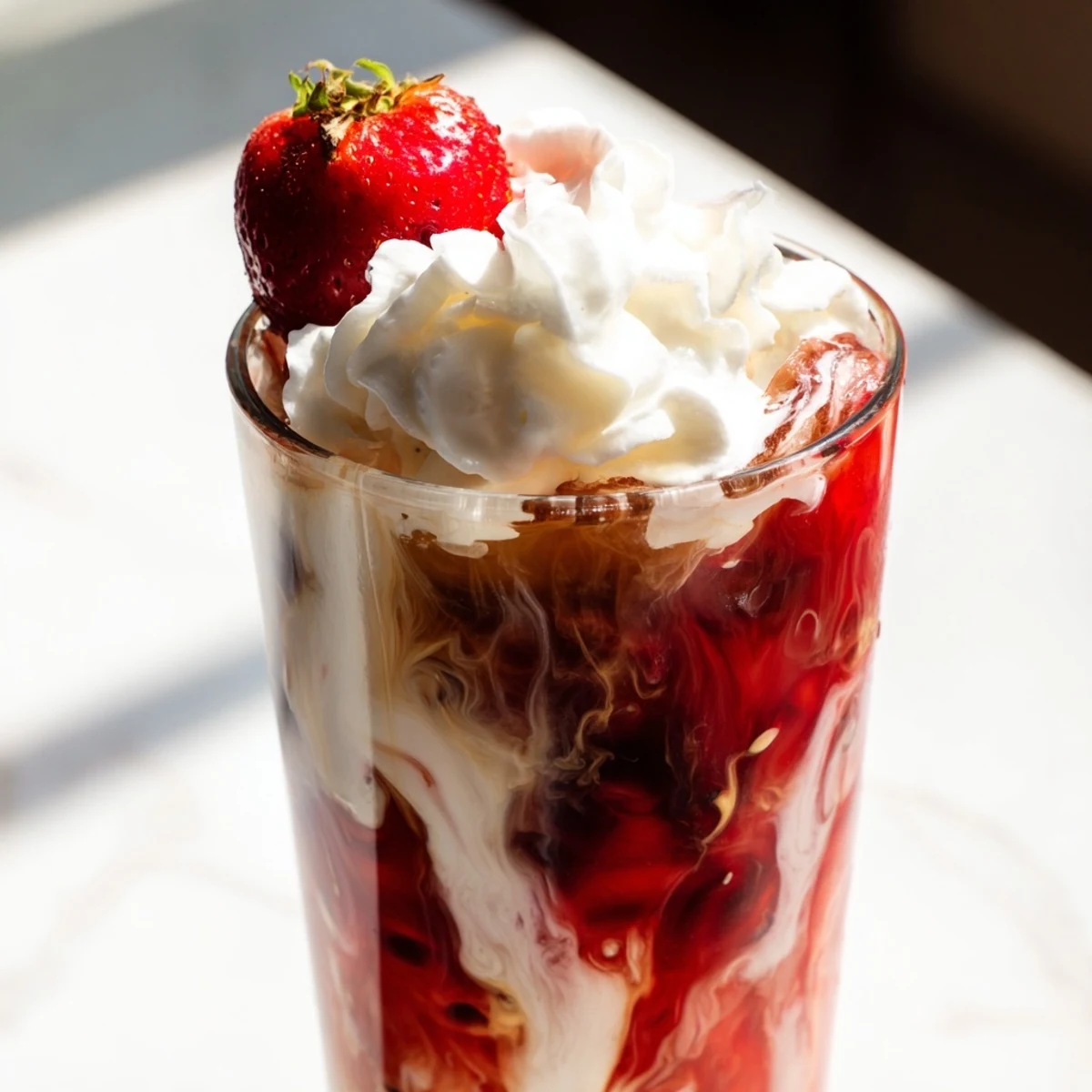 Creamy strawberry cold latte in a tall glass with swirled pink layers and ice