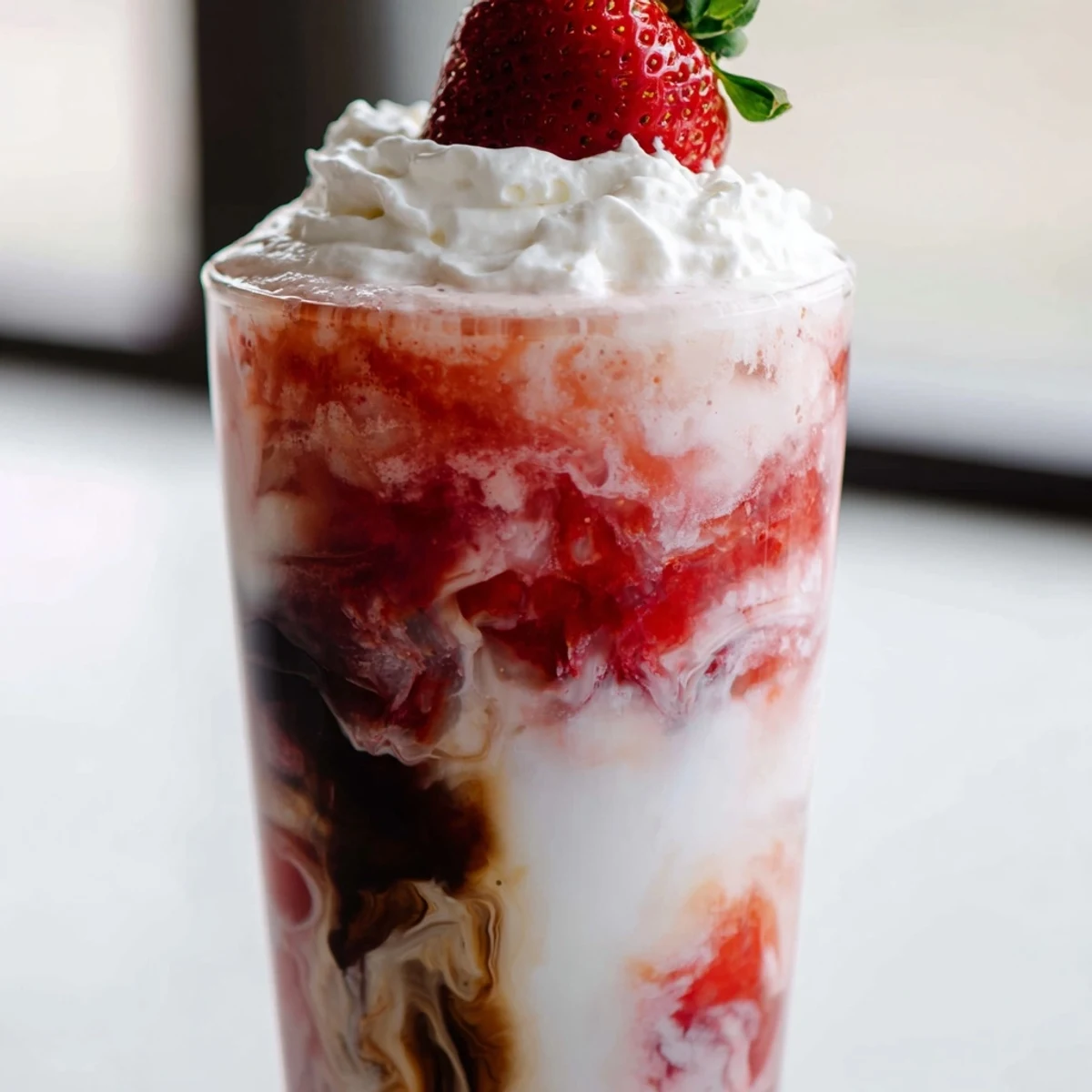 Refreshing strawberry cream cold latte topped with whipped cream and fresh berry garnish