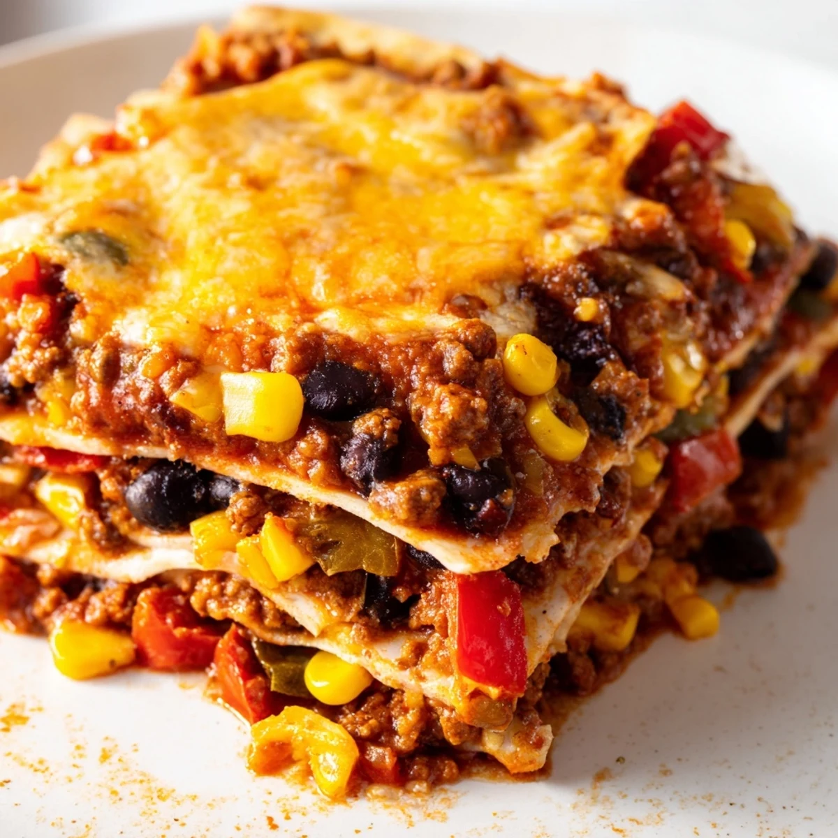 Golden bubbling Mexican lasagna with layers of seasoned beef, beans, and melted cheese