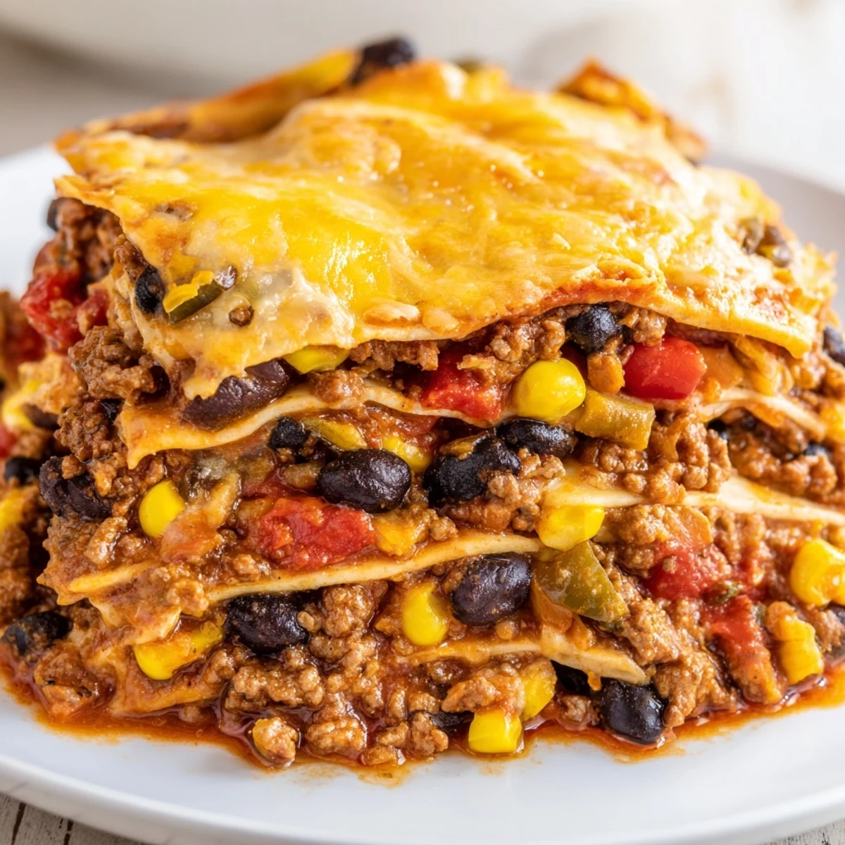 Mexican lasagna fresh from the oven with gooey cheese and colorful toppings