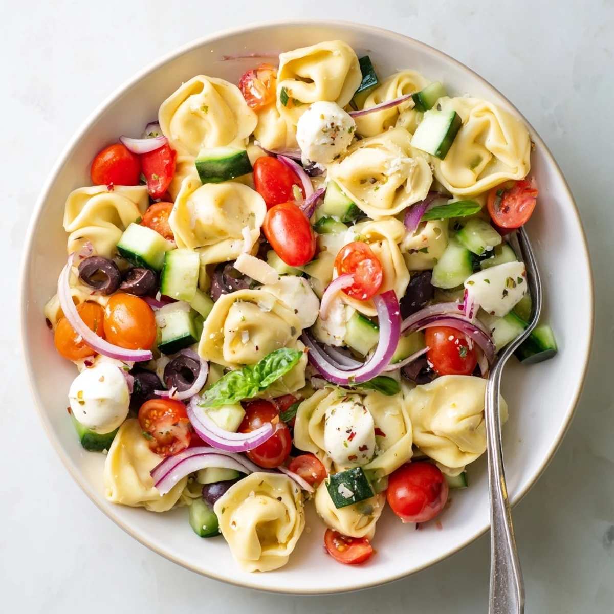Colorful tortellini salad tossed with crisp vegetables and mozzarella in zesty Italian dressing