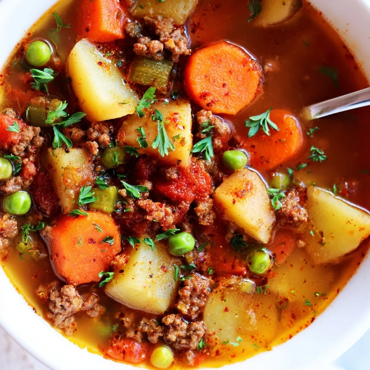 Hearty ground beef and potato soup in a rustic bowl with tender vegetables and savory broth