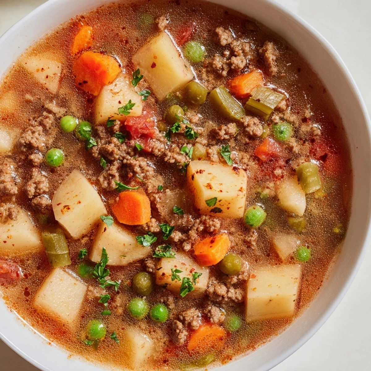 Steaming bowl of ground beef and potato soup garnished with fresh parsley and cheddar cheese