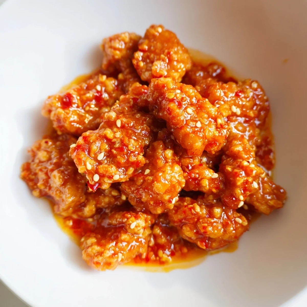 Firecracker Ground Chicken Bowls topped with crisp vegetables and glistening spicy sauce