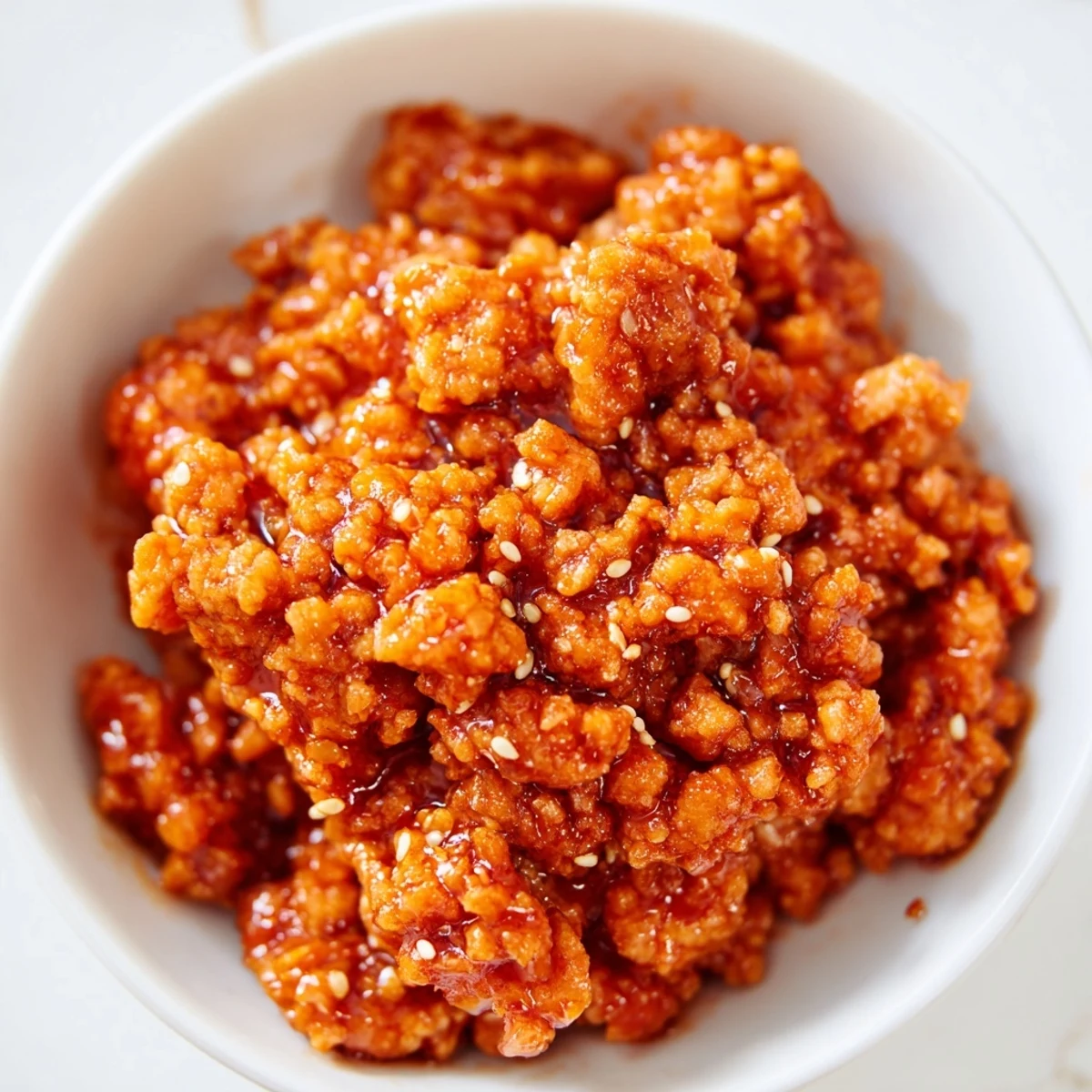 Firecracker Ground Chicken Bowls drizzled with tangy sauce and sprinkled with toasted sesame seeds