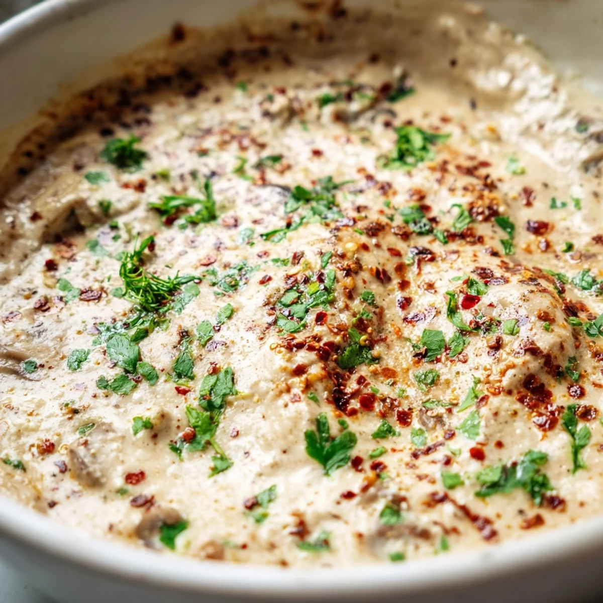 Golden bubbly stuffed mushroom dip in a cast iron skillet with toasted baguette slices