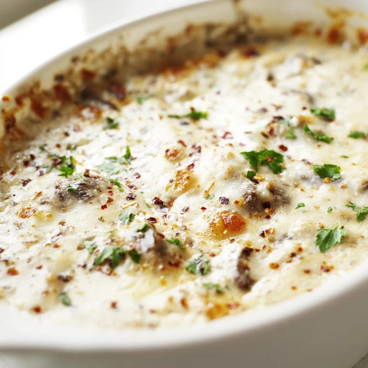 Creamy stuffed mushroom dip topped with melted mozzarella and fresh green parsley garnish