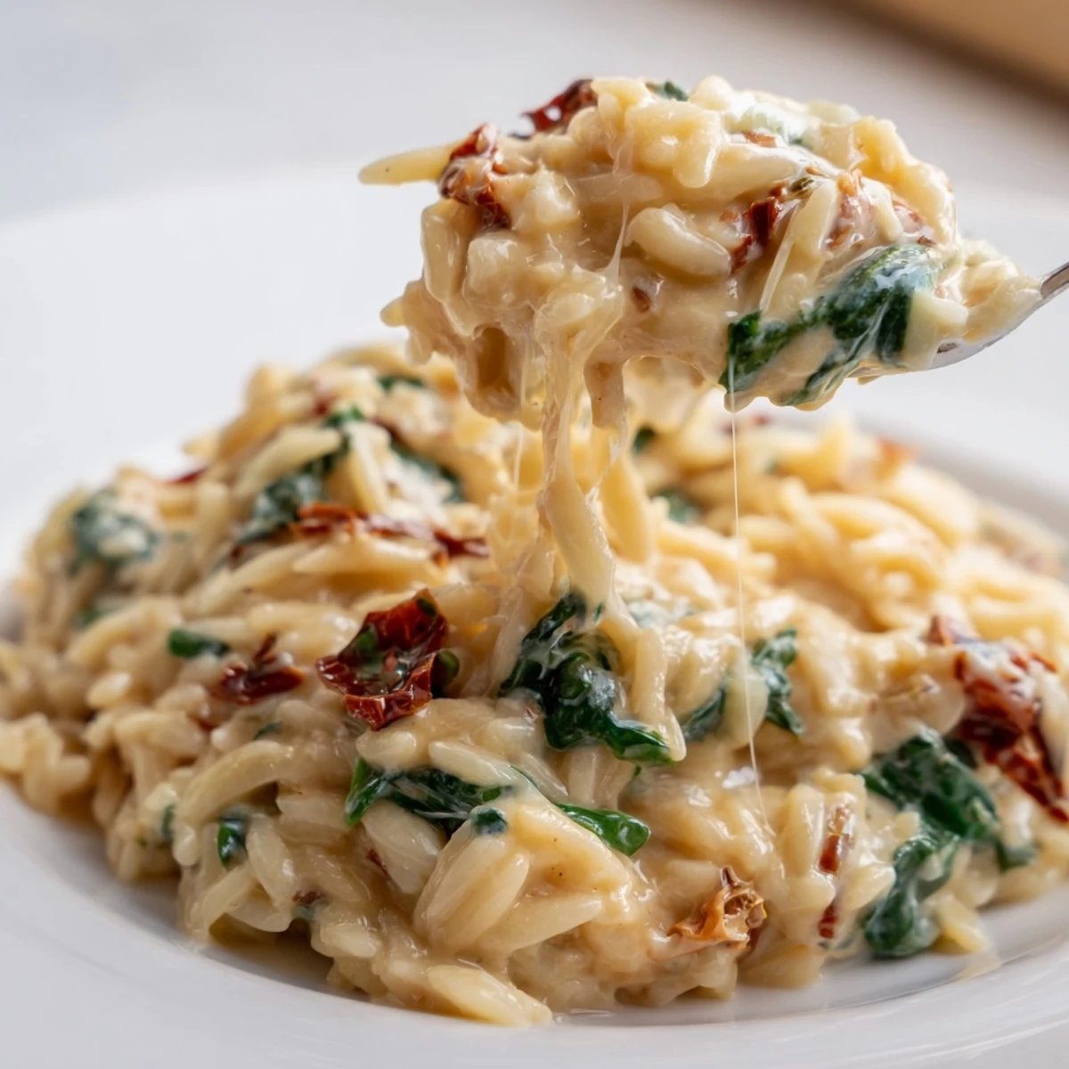 Creamy Tuscan orzo in a skillet with vibrant spinach and sun-dried tomatoes throughout