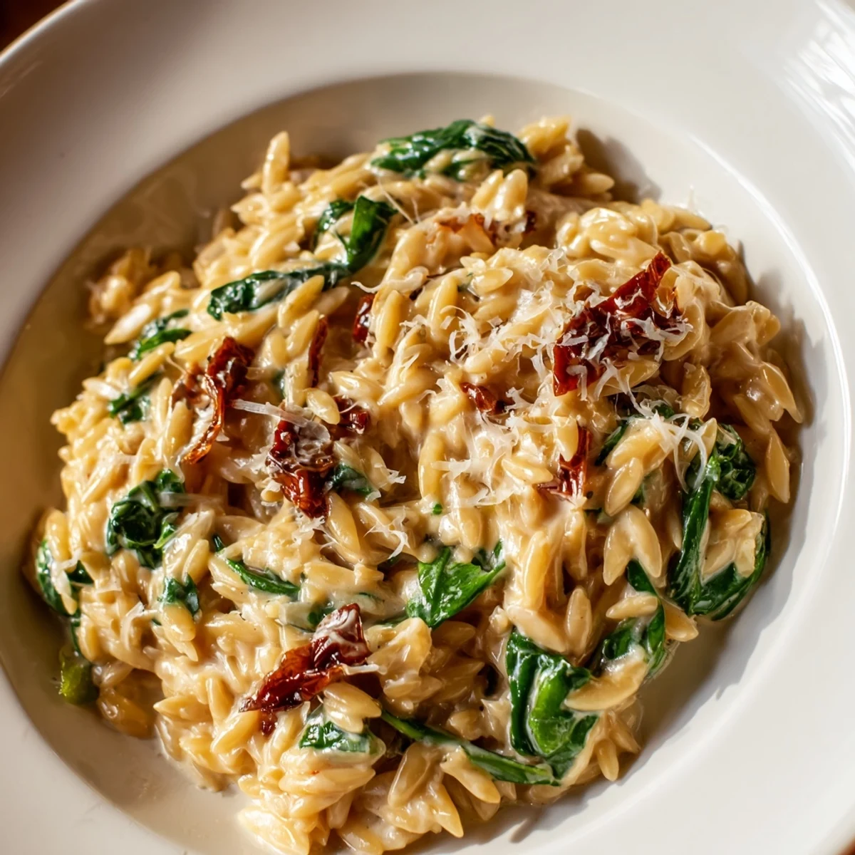 Warm bowl of Creamy Tuscan orzo topped with fresh basil and Parmesan