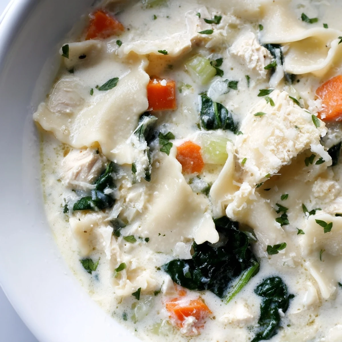Creamy Italian White Lasagna Soup in a rustic bowl with tender chicken and wilted spinach