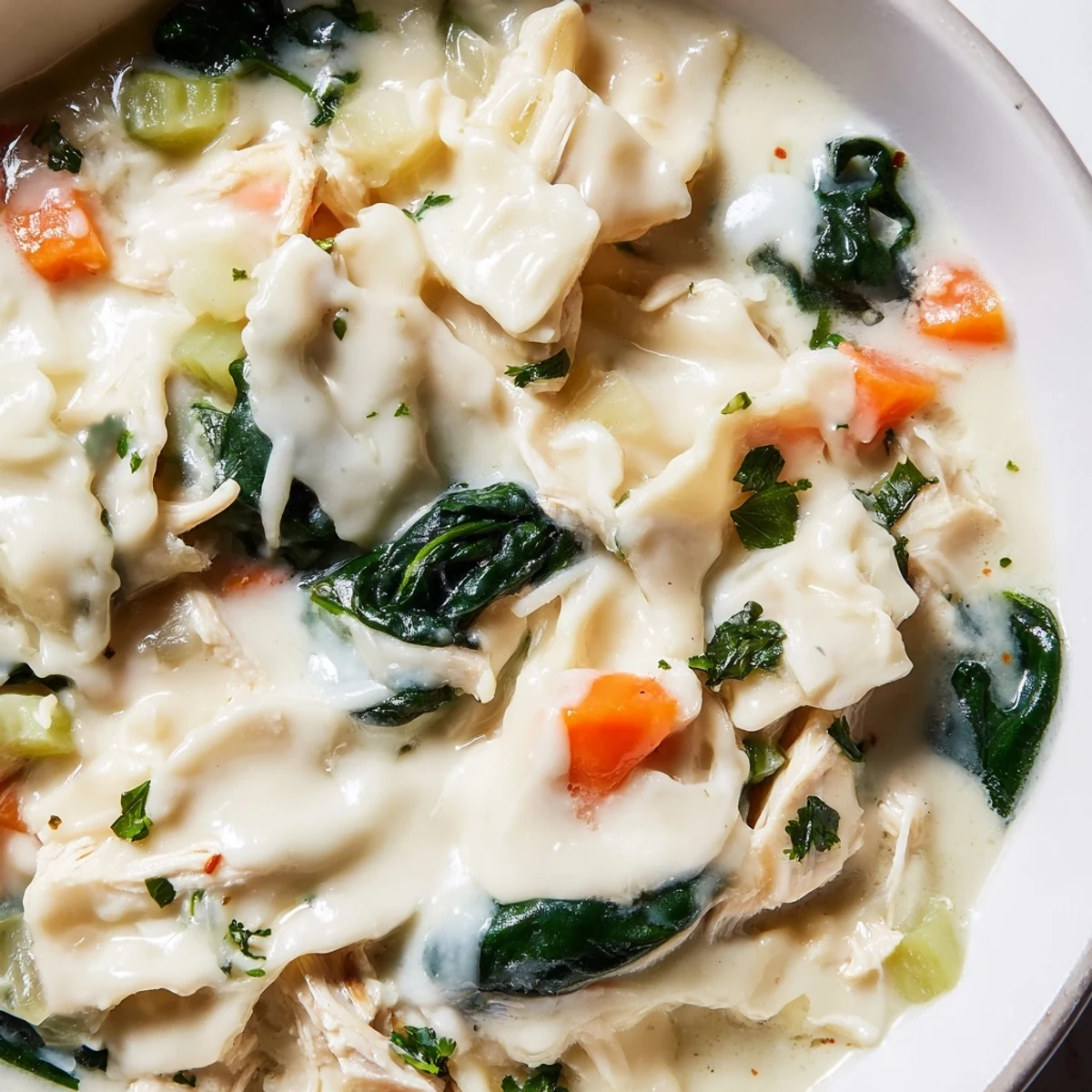 Steaming bowl of Italian White Lasagna Soup topped with melted mozzarella and fresh parsley
