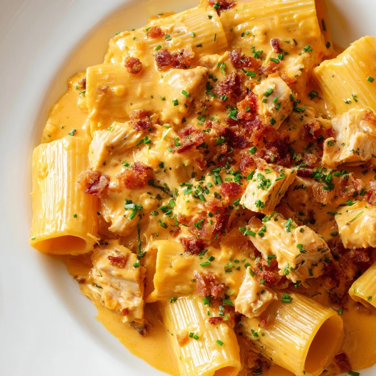 Creamy crack chicken pasta topped with crispy beef bacon and fresh green herbs in white bowl