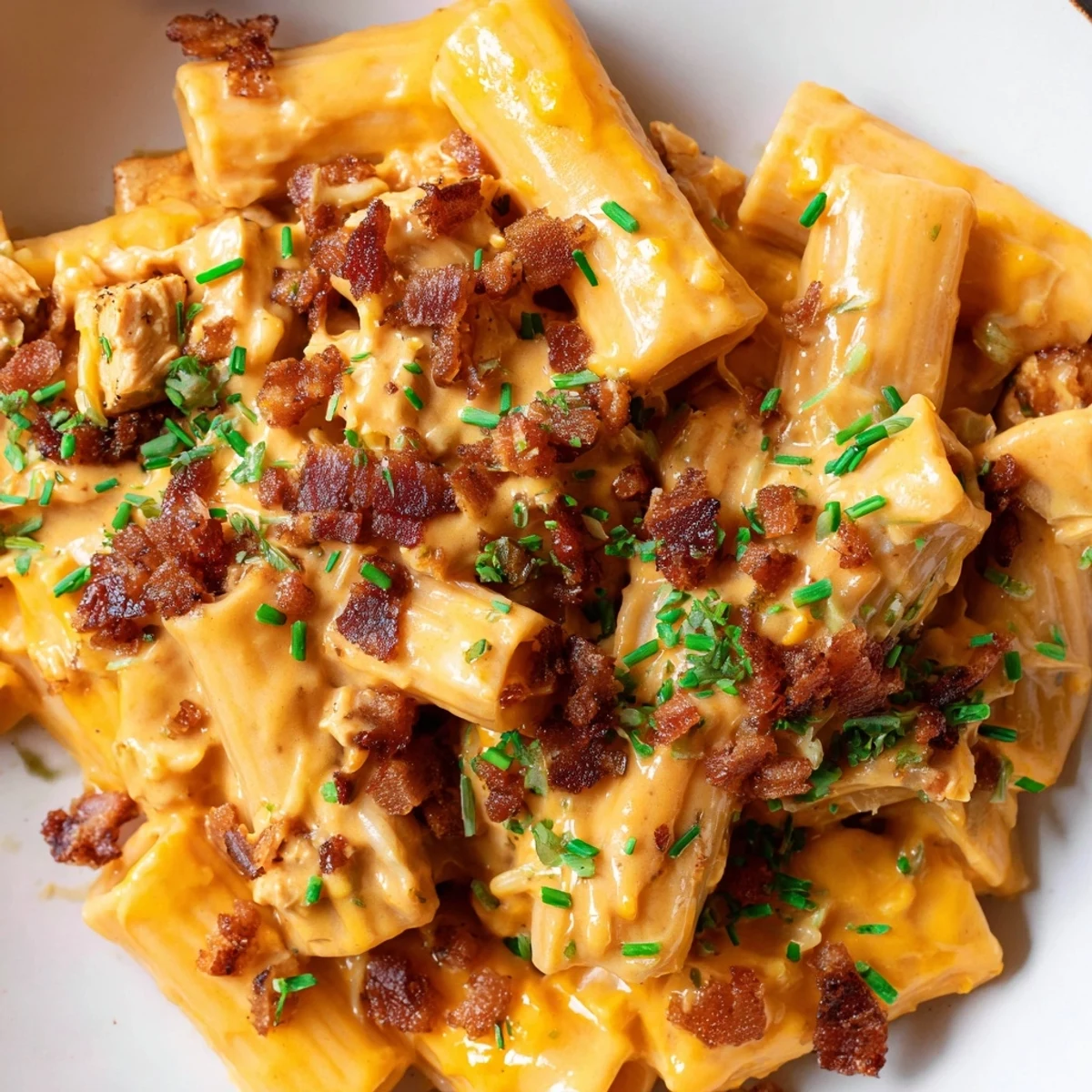 Golden penne coated in rich creamy crack chicken pasta sauce with melted cheddar and bacon bits