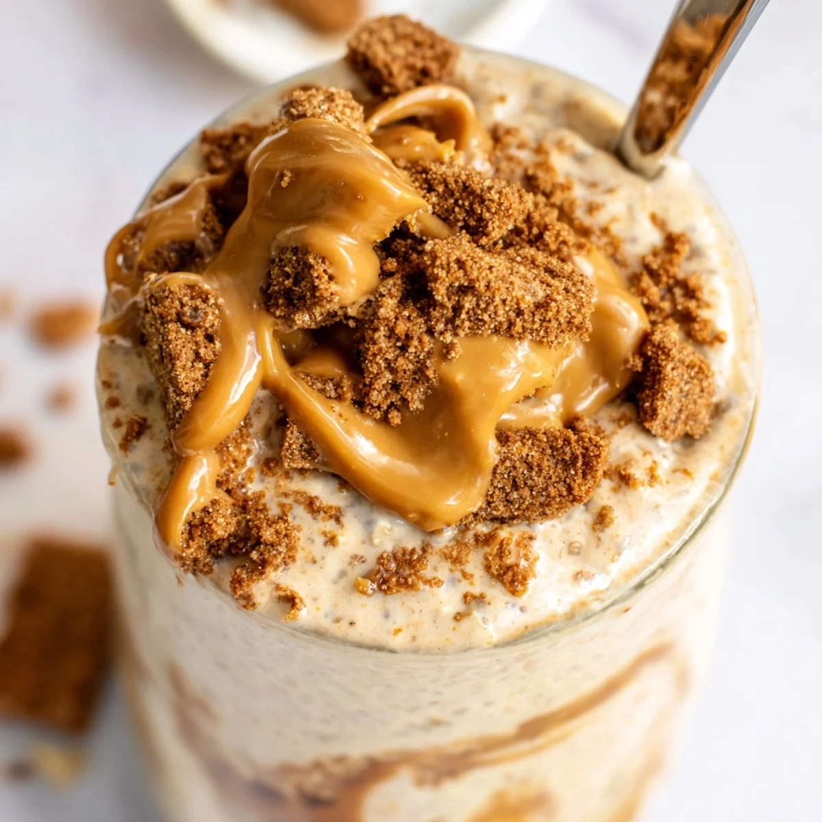 Creamy Biscoff overnight oats topped with cookie crumbles and caramel drizzle in glass jar