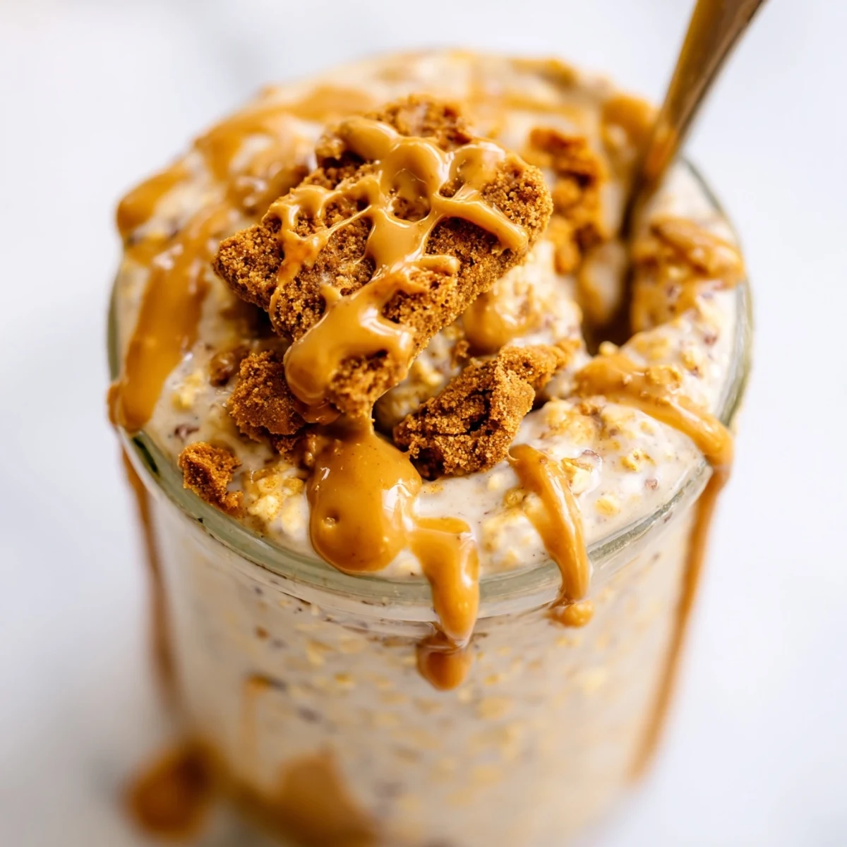 Biscoff overnight oats with swirled cookie butter and crunchy toppings ready for breakfast