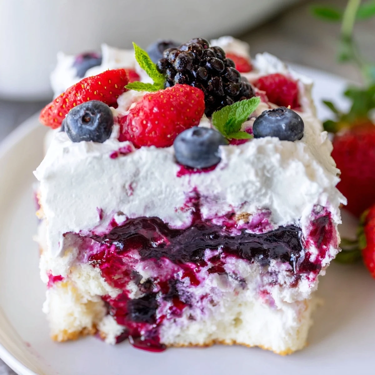 Moist summer berry poke cake topped with fluffy whipped cream and fresh berries
