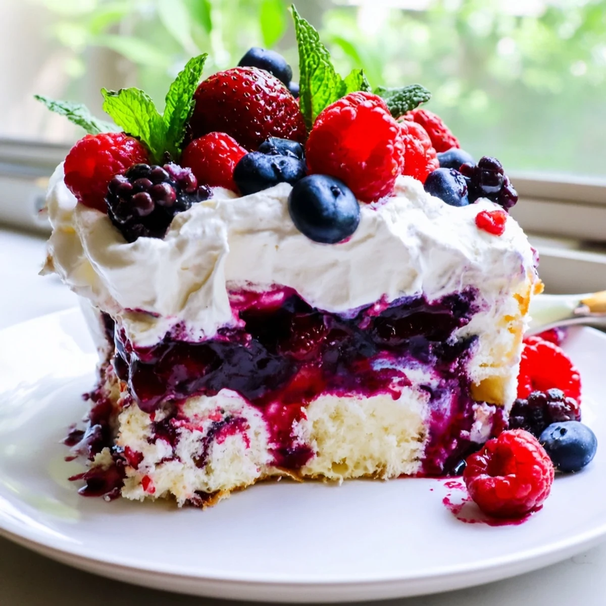 Chilled summer berry poke cake garnished with strawberries, blueberries, and mint leaves