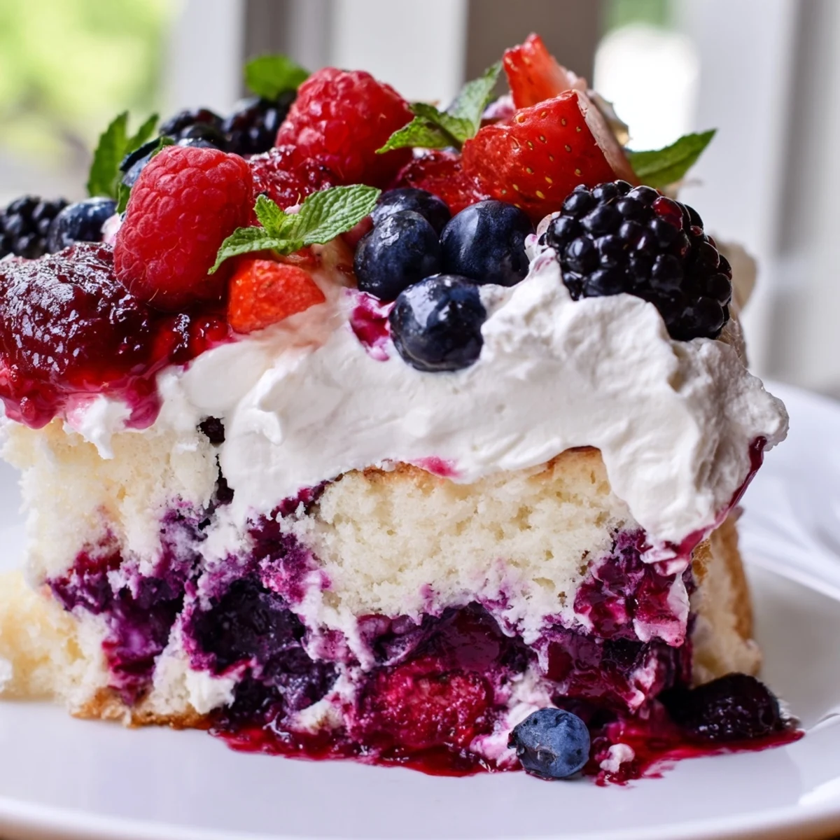 A slice of summer berry poke cake revealing berry-filled holes beneath creamy frosting