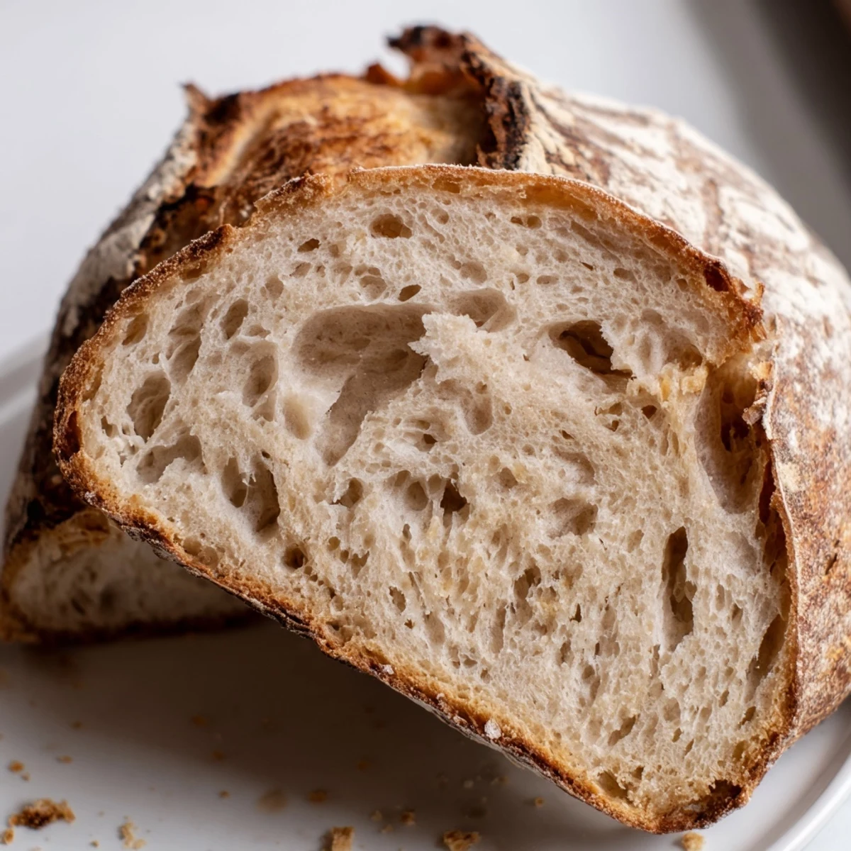 Golden crusted sourdough bread fresh from the Dutch oven with a perfectly scored top
