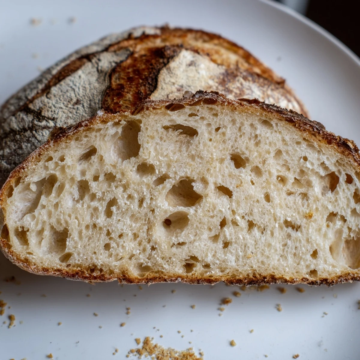 Thick slice of rustic sourdough bread served with cultured butter on a wooden board