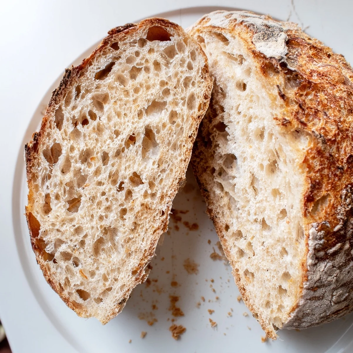 Crusty sourdough bread cooling on a wire rack revealing its chewy airy crumb