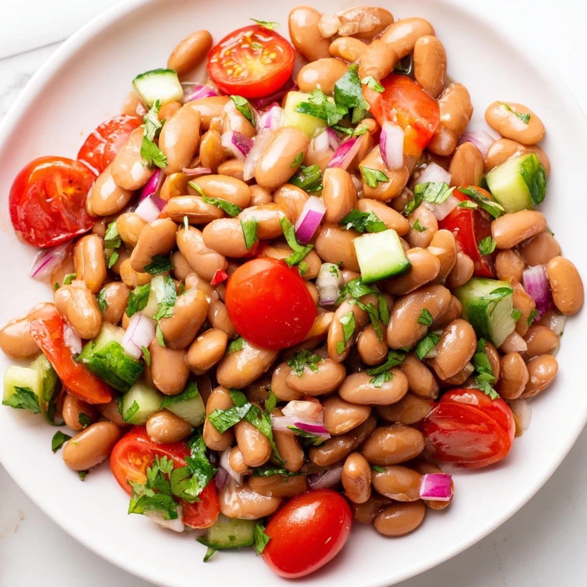 Tender pinto beans mixed with diced peppers, tomatoes, and zesty cilantro vinaigrette