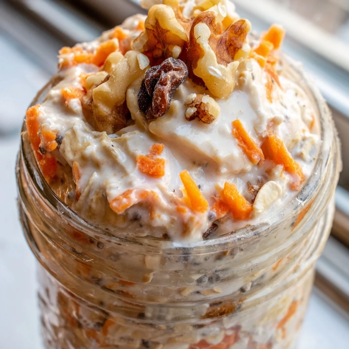 Carrot Cake Overnight Oats topped with cream cheese drizzle, chopped walnuts, and grated carrots in a glass mason jar.