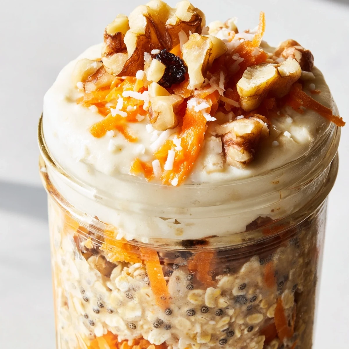 Creamy Carrot Cake Overnight Oats served in a jar with a swirl of spiced carrot and golden raisins throughout.