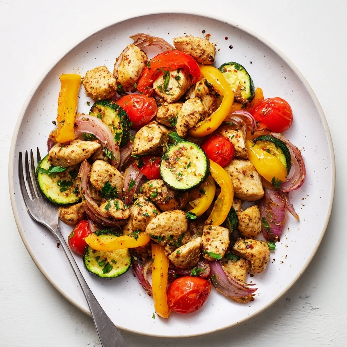 Golden chicken and colorful bell peppers in a quick flavorful one pan dish