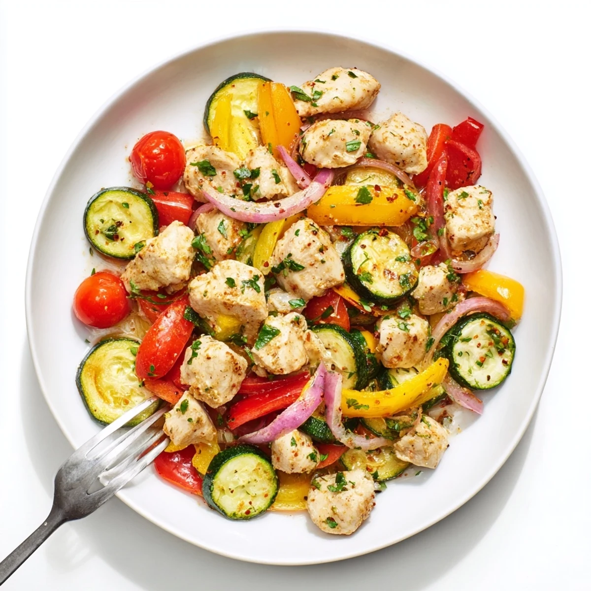 Herb-garnished quick flavorful one pan dish served steaming hot from a cast iron skillet