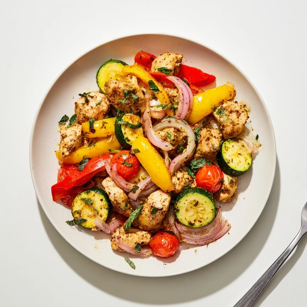Smoky sliced chicken nestled with zucchini and tomatoes in a quick flavorful one pan dish