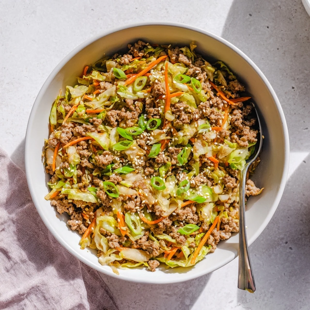 Sizzling keto egg roll in a bowl with browned pork and tender cabbage
