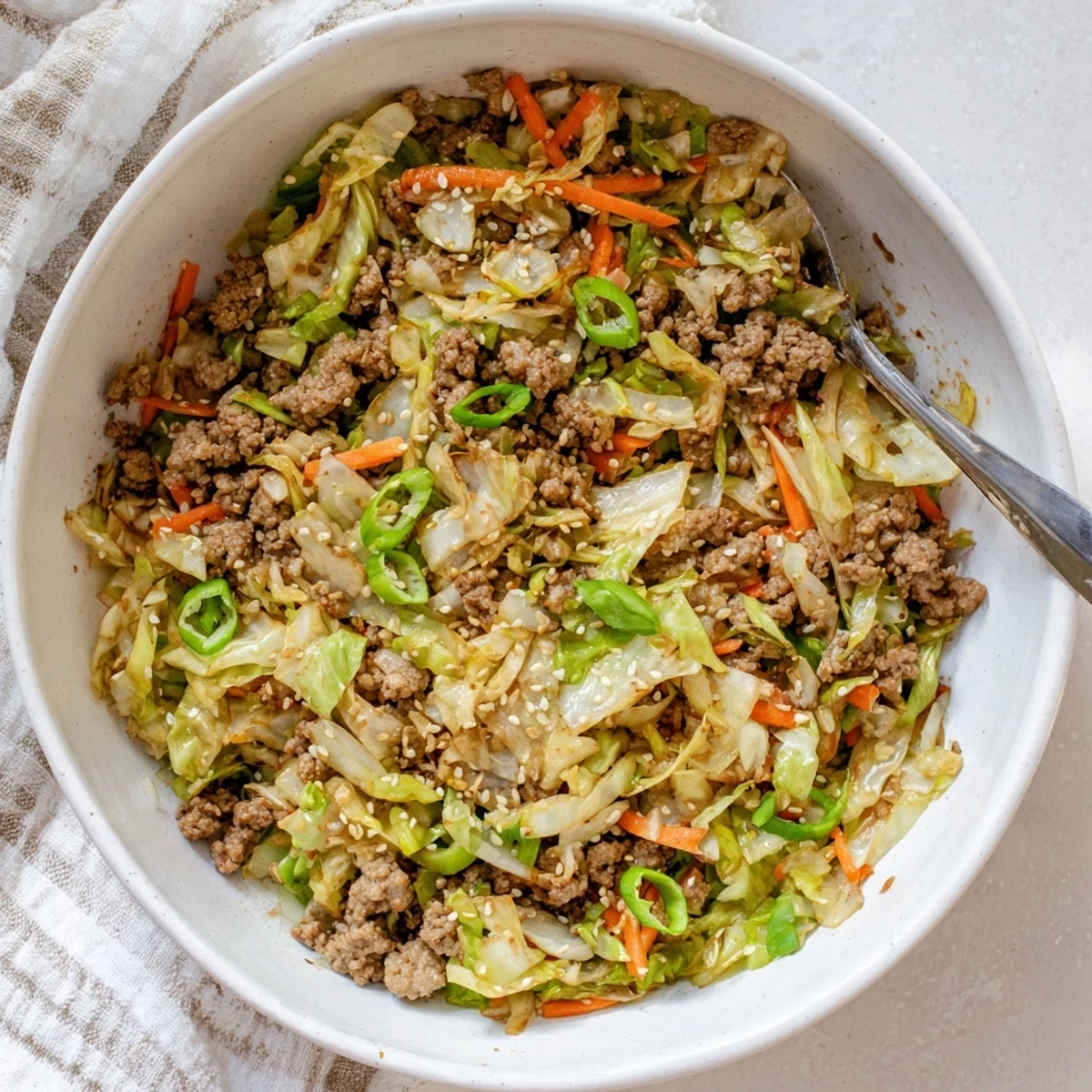 Hearty low-carb keto egg roll in a bowl garnished with sesame seeds