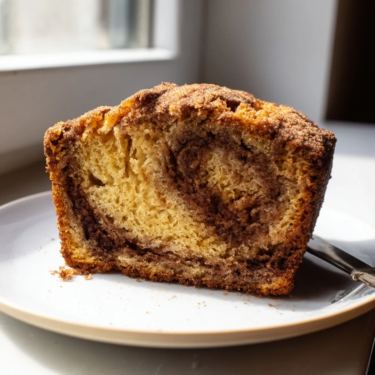 Golden slice of snickerdoodle banana bread with a warm cinnamon-sugar swirl