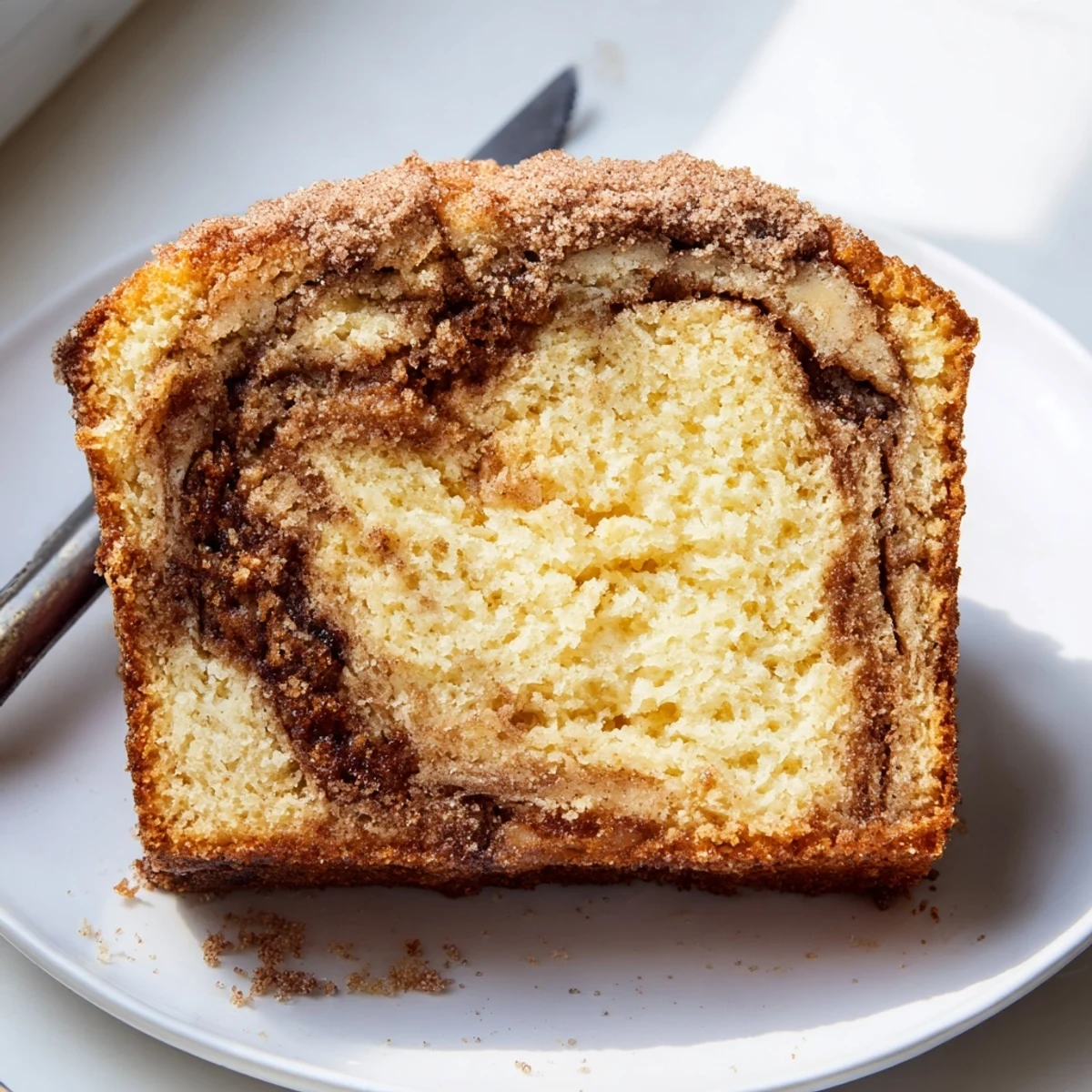 A thick slice of snickerdoodle banana bread served warm with melted butter on a plate
