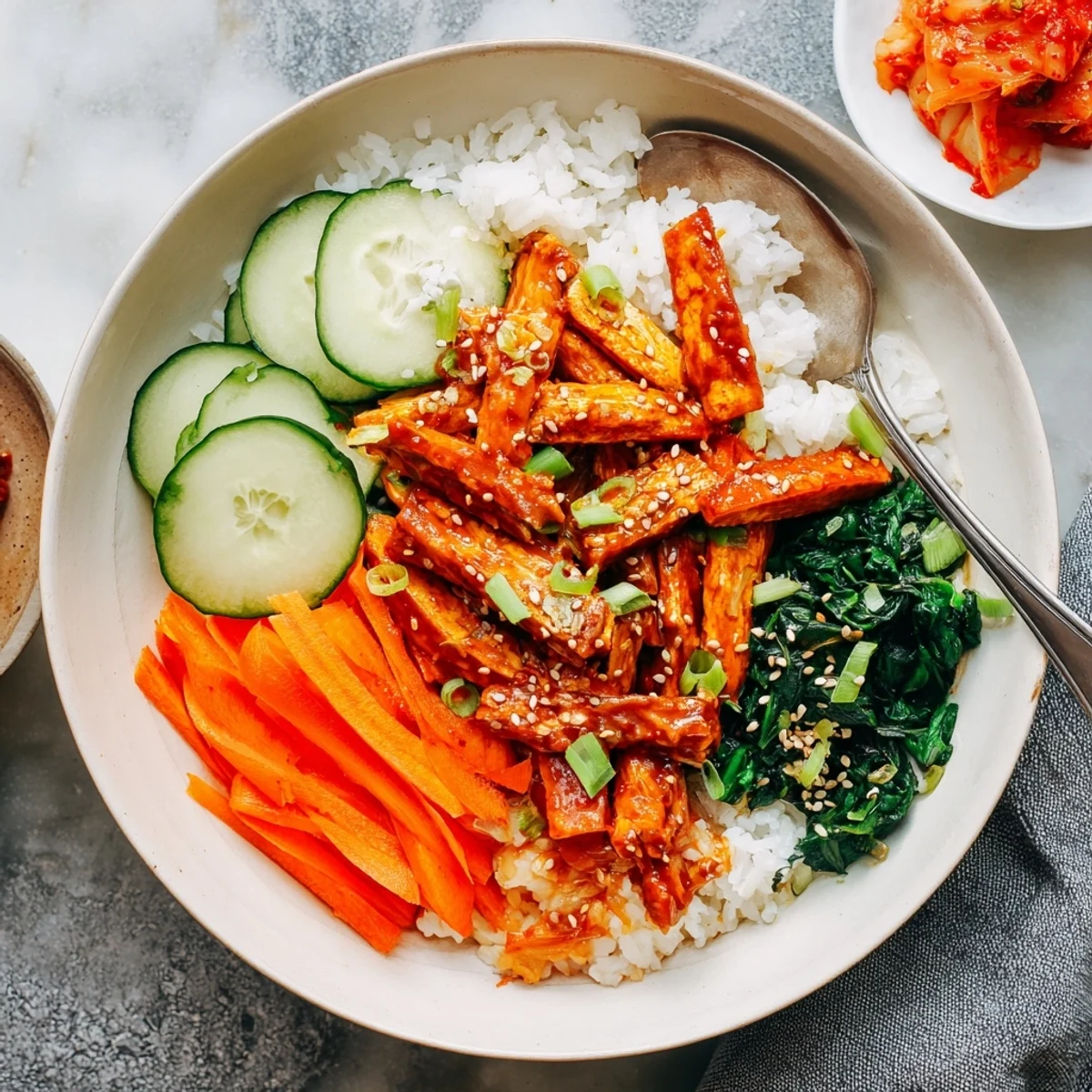 Golden crispy shredded tofu bulgogi bowl over warm rice with colorful julienned veggies