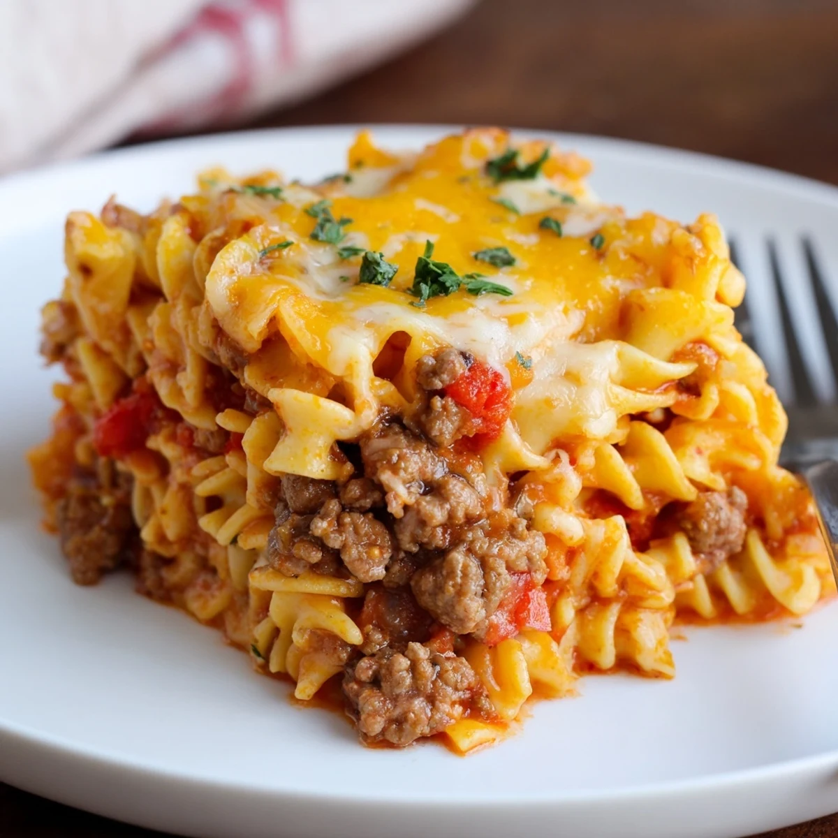 Beef Noodle Casserole bubbling with melted cheddar, golden edges, served steaming