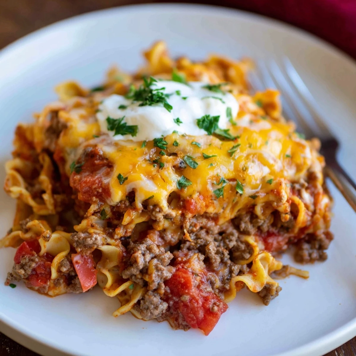 Cheesy Beef Noodle Casserole spoonful steaming, rich tomato aroma, great for weeknights