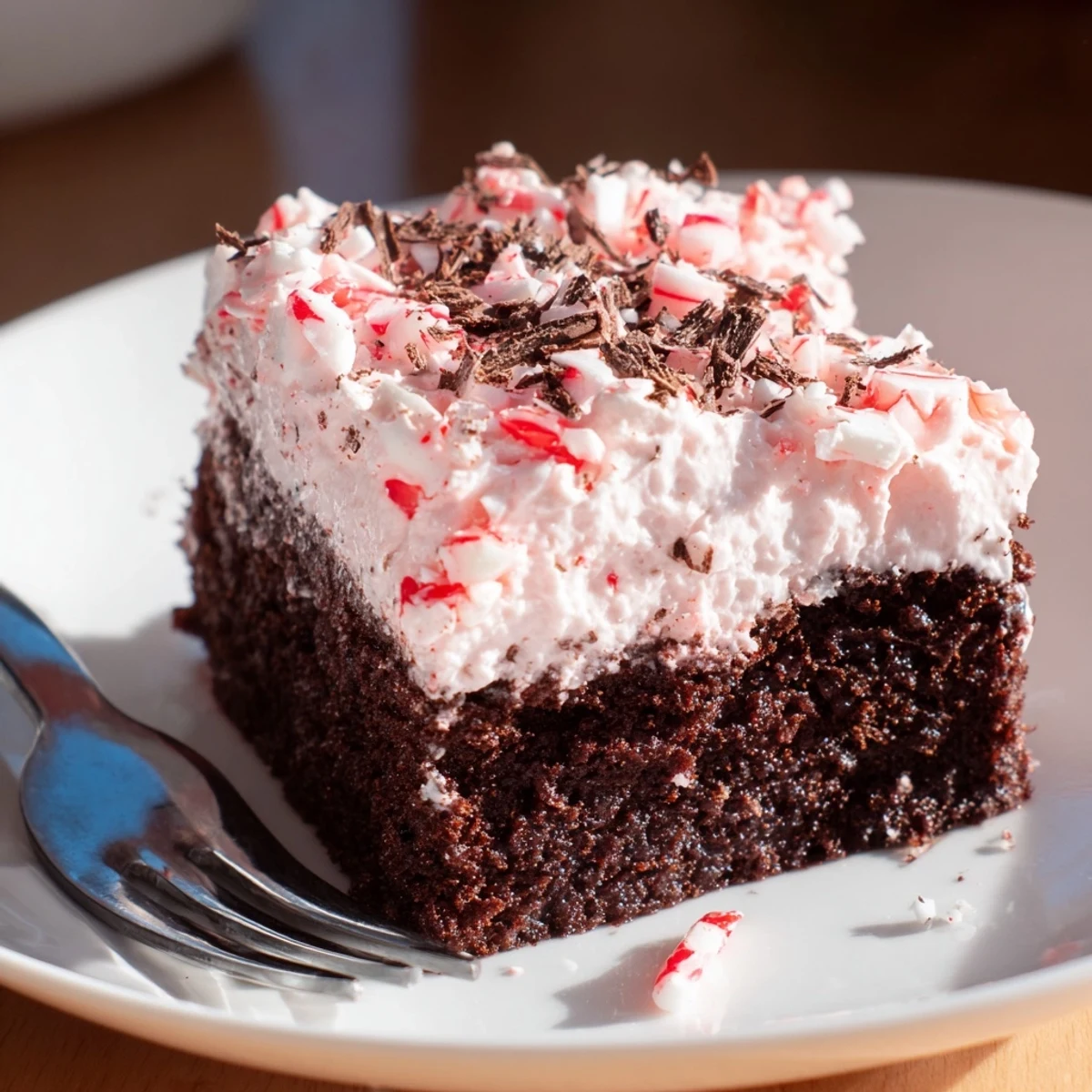 A slice of Peppermint Poke Cake showing glossy peppermint pudding filling